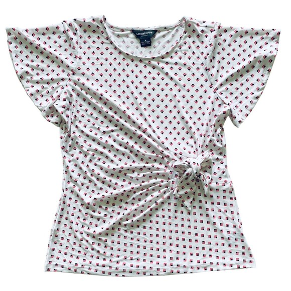 LIZ CLAIBORNE CAREER Women’s Blouse White Side Tie Diamond Print Top Size Small - Picture 2 of 10